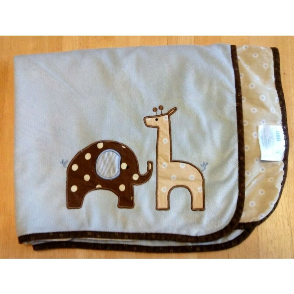 Lambs & Ivy Blue Elephant Giraffe Safari Boys Baby Blanket Polka Dots Minkey
